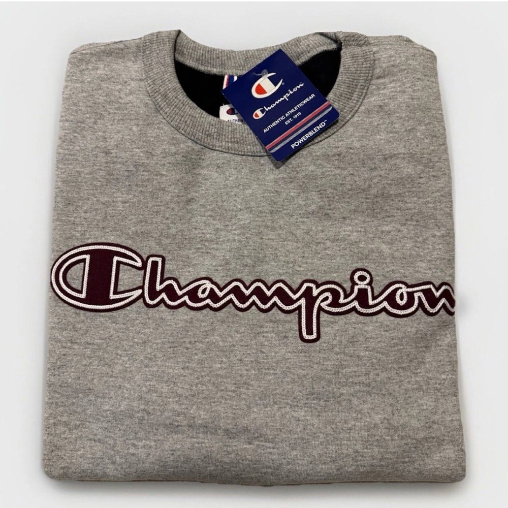 Champion Men’s Power Blend Fleece Crew Script Logo Sweatshirt Oxford Grey